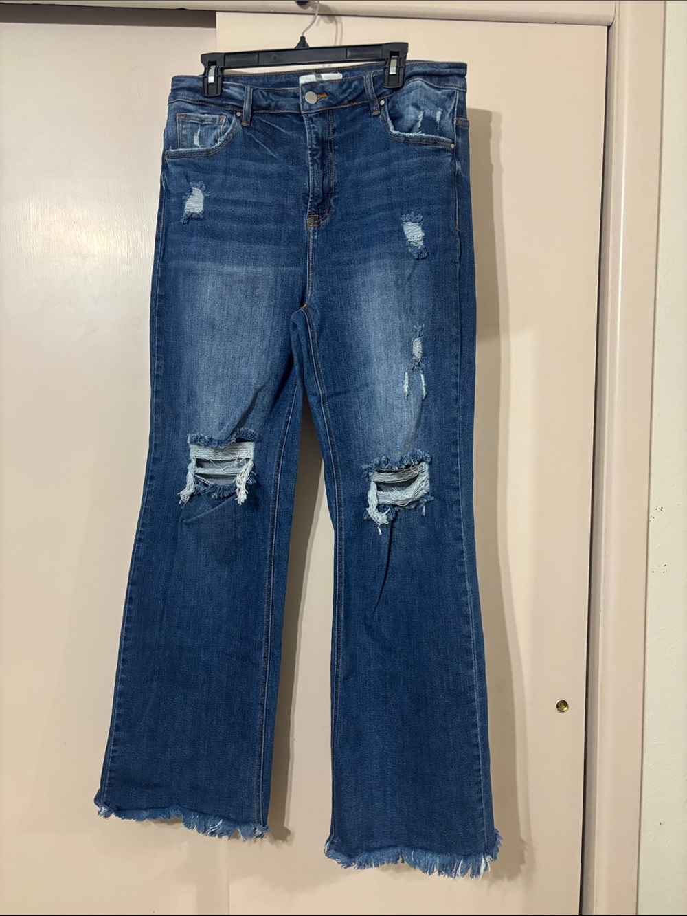 Risen Jeans High-Rise Distressed Flare Jeans in Dark Blue Frayed Hem